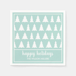 Mint Green White Tree Pattern Name Holiday Party Napkins