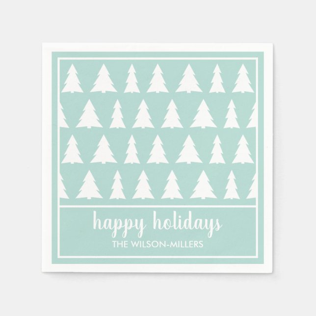 Mint Green White Tree Pattern Name Holiday Party Napkins (Front)