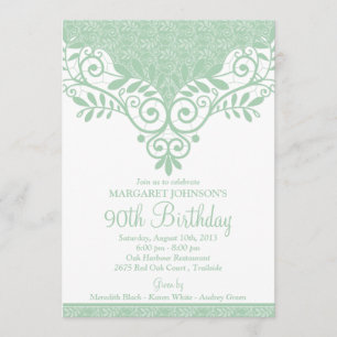Mint Green White Vintage Lace 90th Birthday Invitation