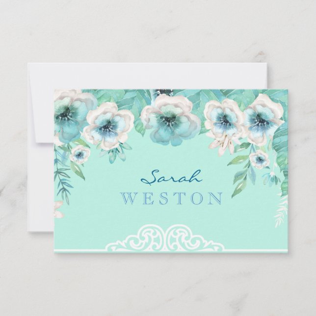 Mint Green & White Watercolor Flowers Thank You Card (Front)