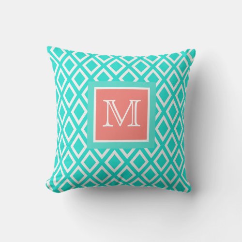 Mint green whitebcoral diamond pattern monogram outdoor pillow