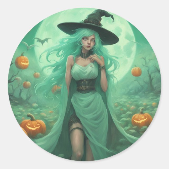 Mint green witch in pumpking patch classic round sticker (Front)