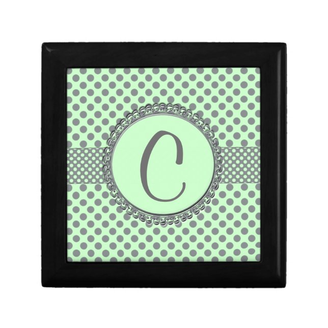 Mint Green with Gray Polka Dots-Monogram STaylor Keepsake Box (Front)