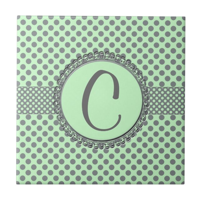 Mint Green with Gray Polka Dots-Monogram STaylor Tile (Front)