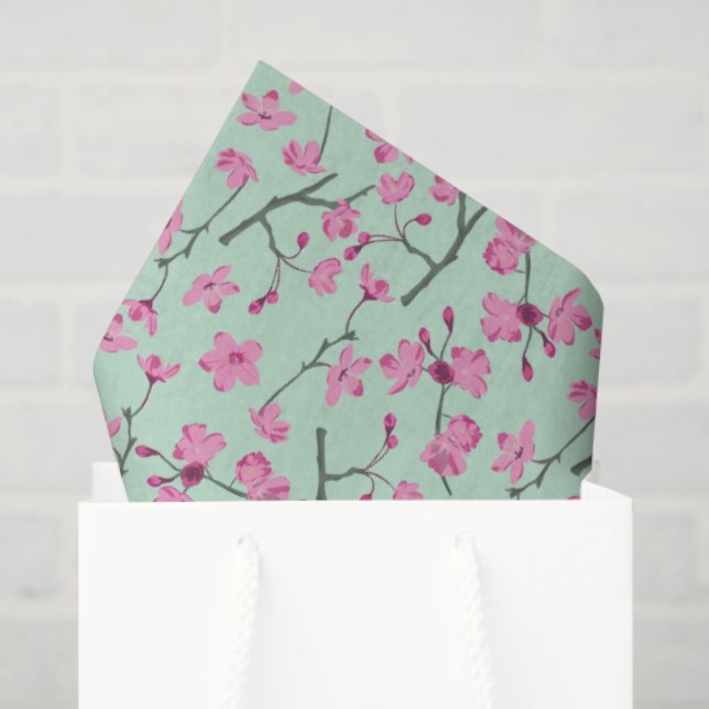 Mint Green with Pink Cherry Blossoms Patterned Tissue Paper (Gift Bag)