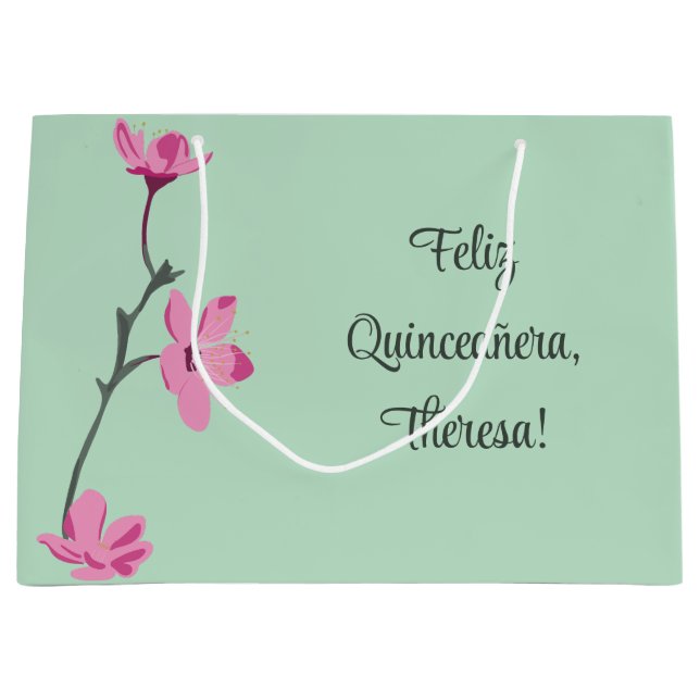 Mint Green with Pink Cherry Blossoms Personalized Large Gift Bag (Front)