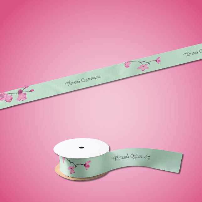 Mint Green with Pink Cherry Blossoms Personalized Satin Ribbon (Creator Uploaded)