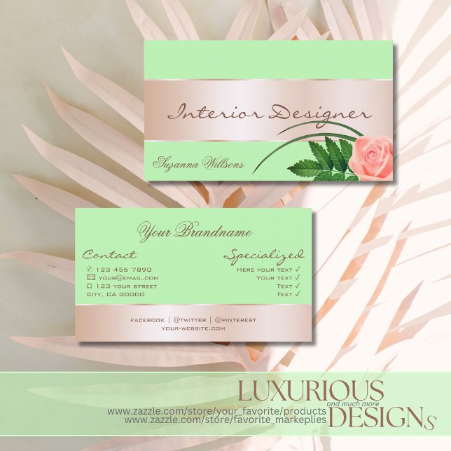 Mint Green with Rose Gold Decor Gorgeous Flower Business Card (Creator Uploaded)