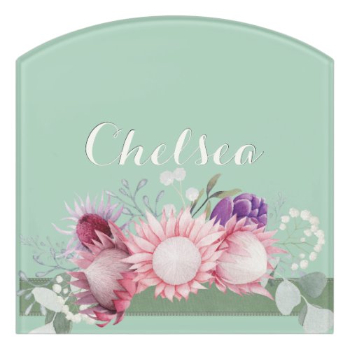 Mint Green with Rose Pink Australian Blooms  Door Sign