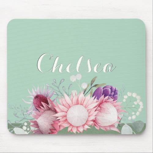 Mint Green with Rose Pink Australian Blooms Mouse Pad