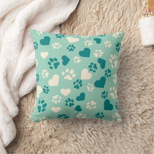Mint Green  with Teal & Cream Paw Prints Cat Lover Throw Pillow