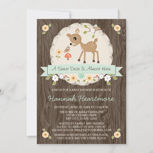 MINT GREEN WOODLAND DEER BABY SHOWER INVITATION (Front)