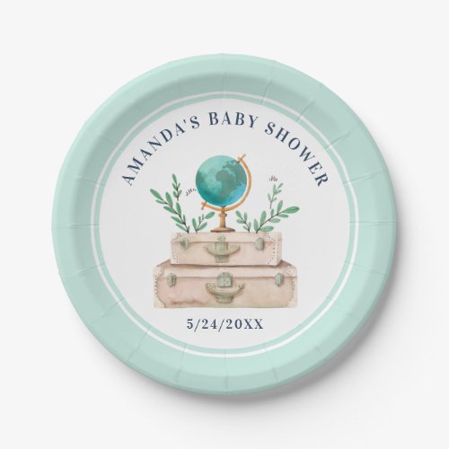 Mint Green World Travel Suitcases Baby Shower Pape Paper Plates
