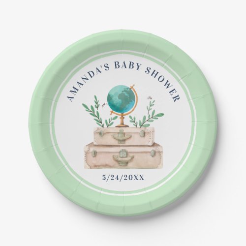 Mint Green World Travel Suitcases Baby Shower Paper Plates