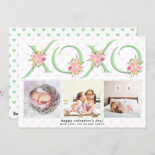 Mint green XOXO Pink roses photo Valentines Day Holiday Card