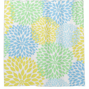 Mint Green Yellow Blue Floral Dahlias blossoms Shower Curtain