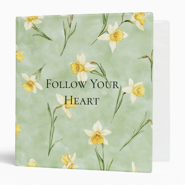 Mint Green Yellow Daffodil Flowers 3 Ring Binder (Front/Inside)