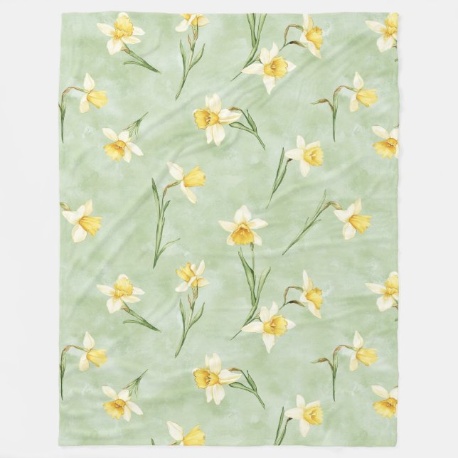 Mint Green Yellow Daffodil Flowers Fleece Blanket (Front)