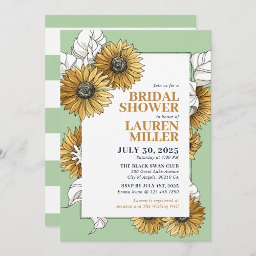 Mint Green Yellow Sunflower Floral Bridal Shower Invitation