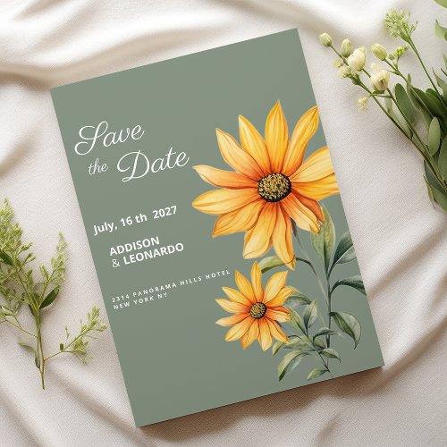 Mint green yellow sunflower flowers Save the Date Invitation