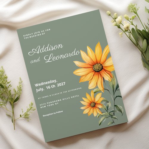 Mint green yellow sunflower flowers wedding invitation