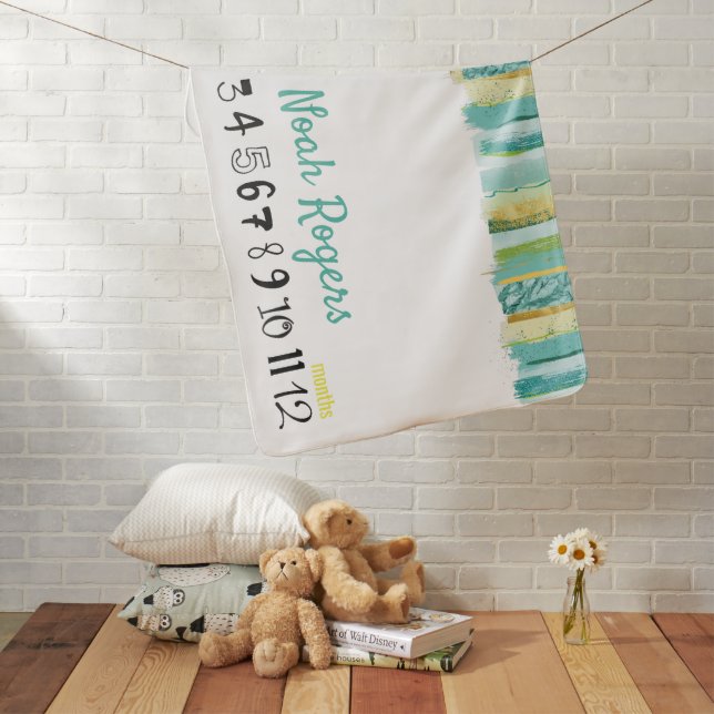 Mint Green Yellow Trendy Baby Boy Month Milestone Baby Blanket (In Situ)