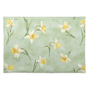 Mint Green Yellow White Daffodil Flowers Birthday Cloth Placemat