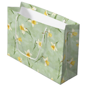 Mint Green Yellow White Daffodil Flowers Birthday Large Gift Bag
