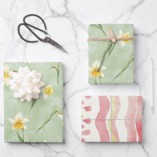 Mint Green Yellow White Daffodil Flowers Birthday Wrapping Paper Sheets