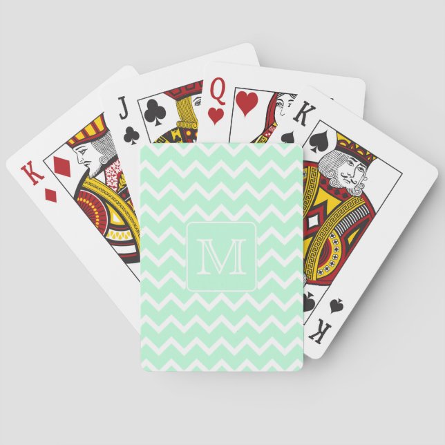 Mint Green Zigzag with Custom Monogram. Poker Cards (Back)