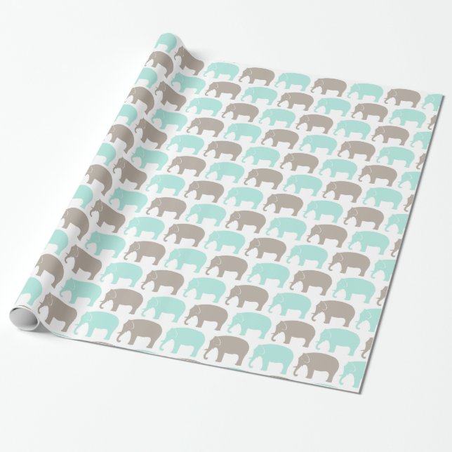 mint-grey baby elephants wrapping paper (Unrolled)