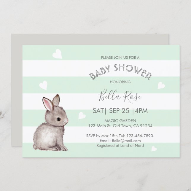 Mint Grey Bunny Baby Shower Invitations (Front/Back)