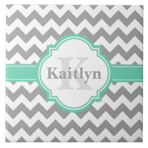 Mint Grey Chevron Pattern & Moroccan Quatrefoil Ceramic Tile