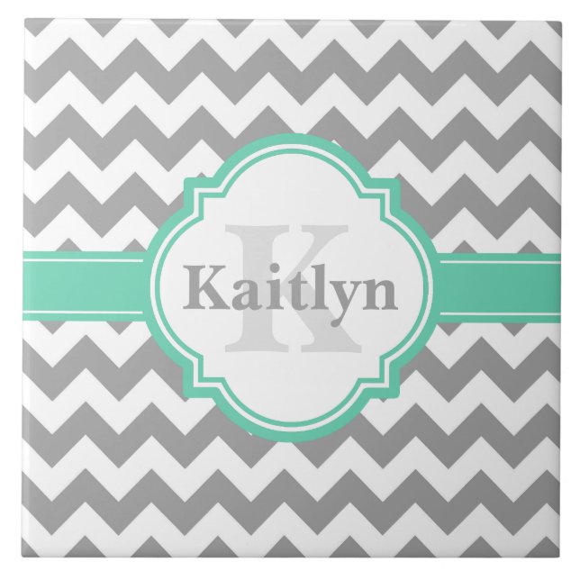 Mint Grey Chevron Pattern & Moroccan Quatrefoil Ceramic Tile (Front)