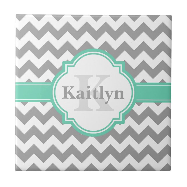 Mint Grey Chevron Pattern & Moroccan Quatrefoil Tile (Front)
