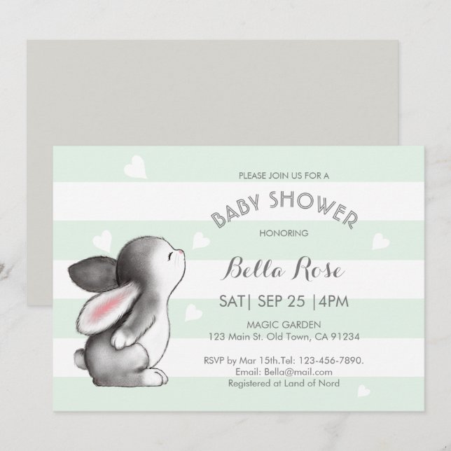 Mint Grey Heart Bunny Baby Shower Invitations (Front/Back)