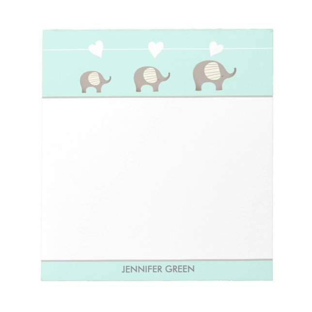 Mint Grey Heart Elephant Personalized Notepad (Front)