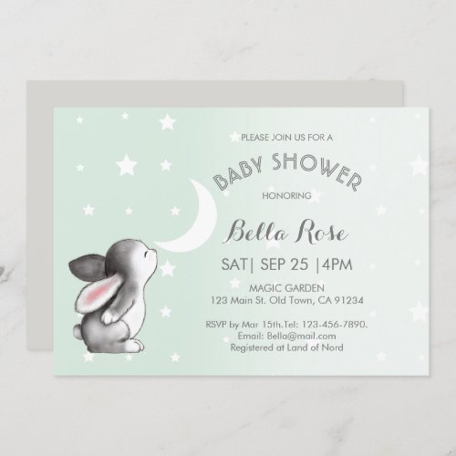 Mint Grey Moon Stars Bunny Baby Shower Invitations