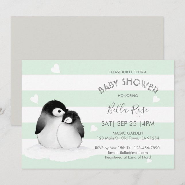 Mint Grey Penguin Baby Shower Invitations (Front/Back)