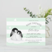 Mint Grey Penguin Baby Shower Invitations (Standing Front)