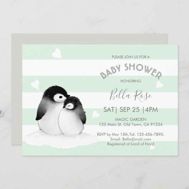 Mint Grey Penguin Baby Shower Invitations (Front/Back)