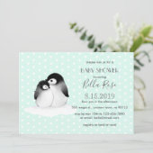 Mint Grey Penguins Hearts Baby Shower Invitation (Standing Front)