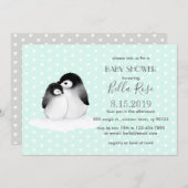 Mint Grey Penguins Hearts Baby Shower Invitation (Front/Back)