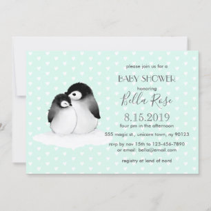 Mint Grey Penguins Hearts Baby Shower Invitation