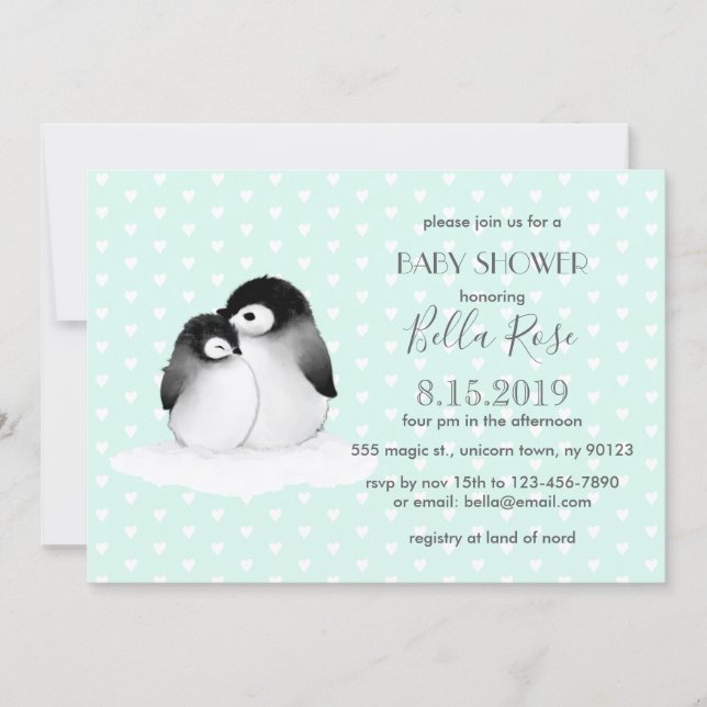 Mint Grey Penguins Hearts Baby Shower Invitation (Front)