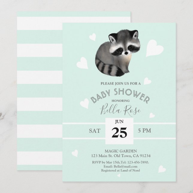 Mint Grey Raccoon Baby Shower Invitations (Front/Back)