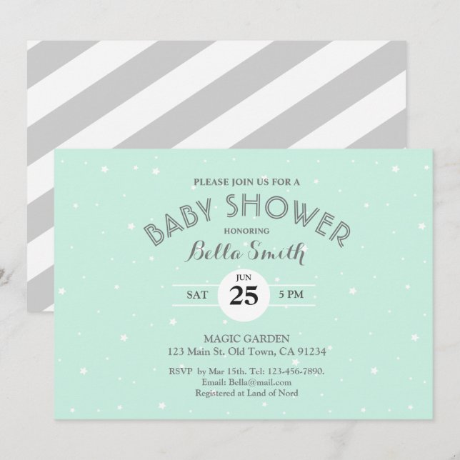 Mint Grey Stars White Stripes Baby Shower Card (Front/Back)