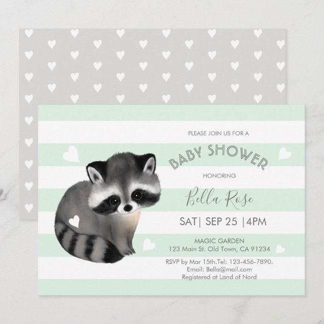 Mint Grey Stripes Raccoon Heart Baby Shower Card (Front/Back)