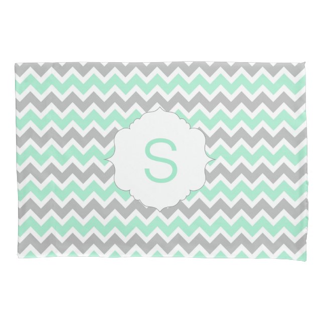 Mint Grey White Chevron Monogram pillow case (Front)