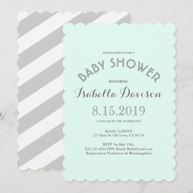 Mint Grey White Stripes Baby Shower Card (Front/Back)